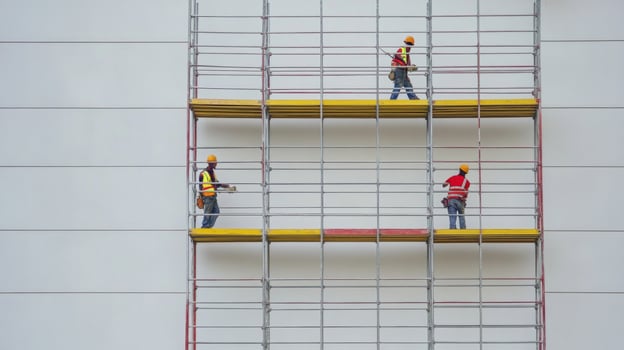 Three Construction Workers on Scaffolding During Building Restoration photo