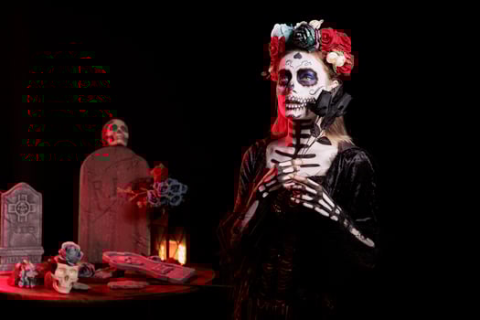Woman with skull face paint holding black rose set against dark background grave site celebrating Dia de los Muertos. Girl gifting flower to dead family members, surrounded by creepy funeral items photo