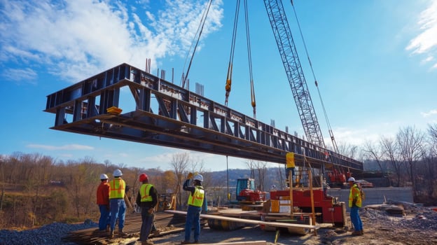 Crane Lifting a Steel Bridge Section During Construction photo