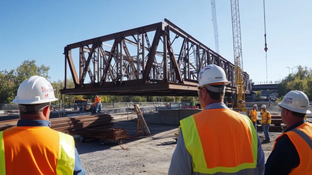 Construction Workers Observing a Bridge Section Being Lifted by a Crane photo
