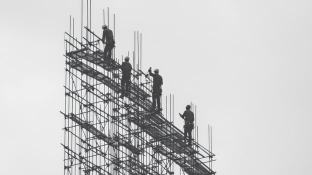 Construction Workers on Scaffolding High Above Ground photo