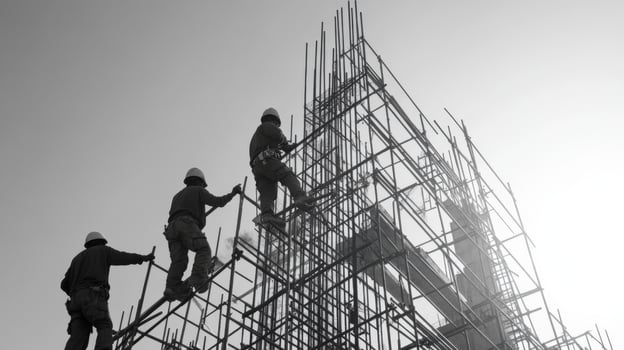 Construction Workers Ascending Scaffolding on a Building Site photo