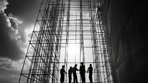 Construction Workers Silhouetted Against Scaffolding and Cloudy Sky photo