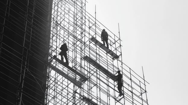 Construction Workers on Scaffolding During Building Renovation photo