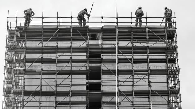 Four Construction Workers on Scaffolding of a High-Rise Building photo