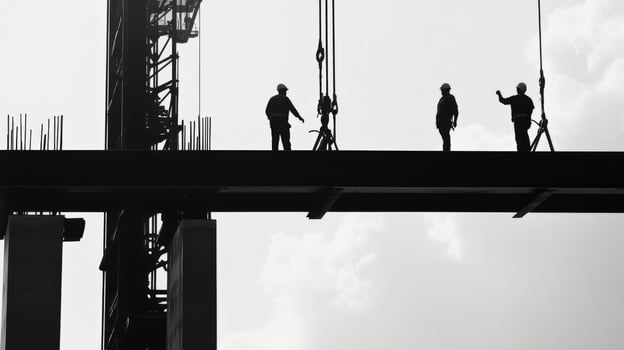 Construction Workers Silhouetted Against Cloudy Sky on a High-Rise Building photo