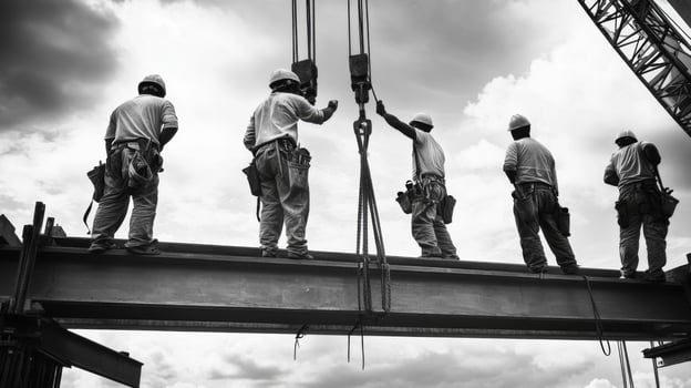 Construction Workers on a Steel Beam Looking Upward photo