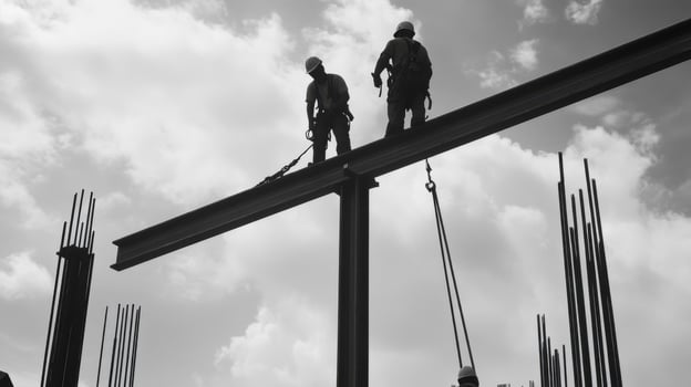 Construction Workers Installing Steel Beams on a Cloudy Day photo