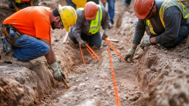 Construction Workers Digging a Trench in a Construction Site photo