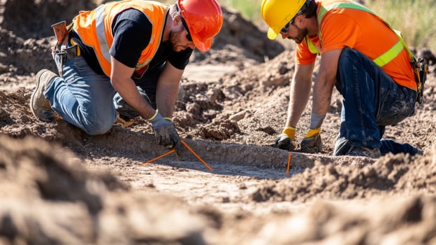 Two Construction Workers Marking a Line in Dirt with Orange Sticks photo