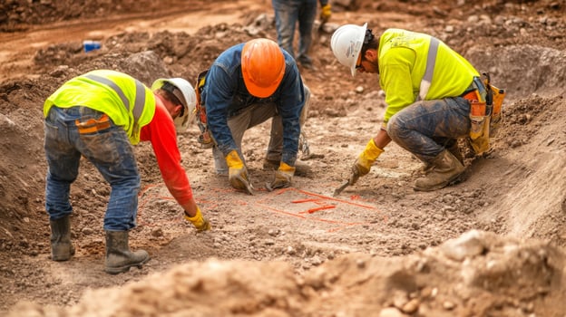 Construction Workers Marking a Trench in a Dirt Ground photo