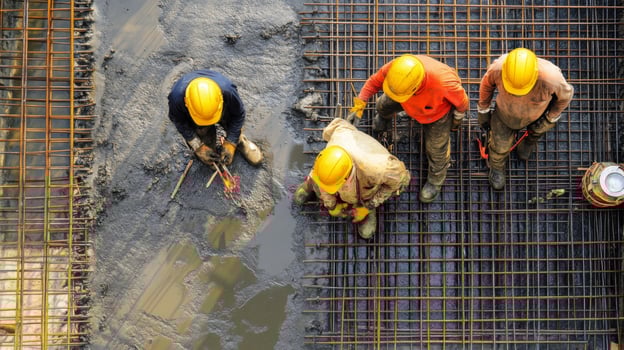 Construction Workers on a Wet Concrete Foundation with Rebar Grid photo