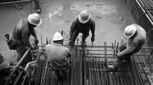 Construction Workers on a Wet Concrete Surface with Reinforcing Steel photo