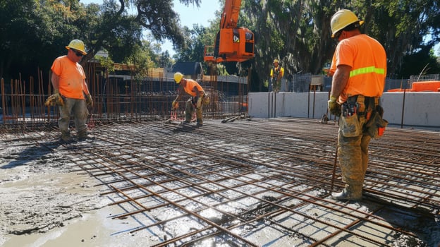 Construction Workers Pouring Concrete on a Rebar Grid photo