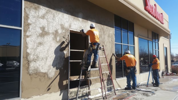 Construction Workers Applying Stucco to a Commercial Building photo