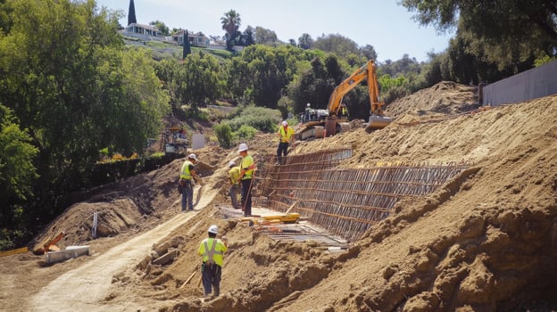 Construction Workers Building Retaining Wall on Hillside photo