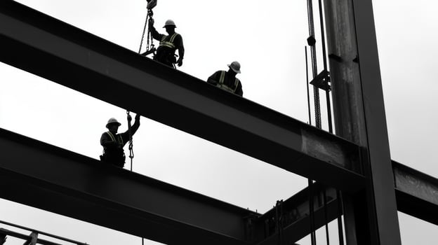 Construction Workers Installing Steel Beams on a Building photo