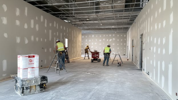 Construction Workers Finishing Interior Walls of a Building photo