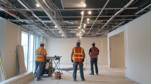 Construction Workers in an Unfinished Room with Exposed Wiring and Lighting photo