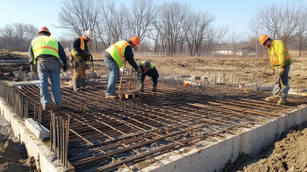 Construction Workers Building a Concrete Foundation with Rebar photo