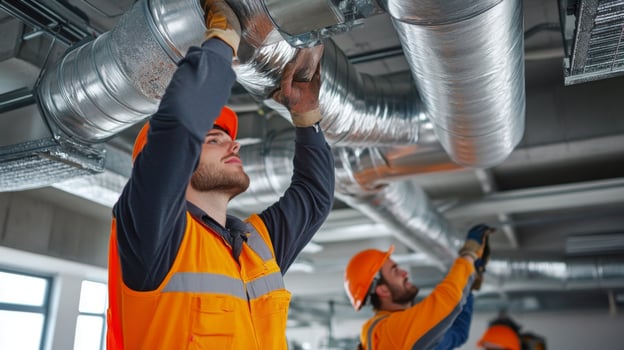 Construction worker installing large ventilation pipes in a building photo