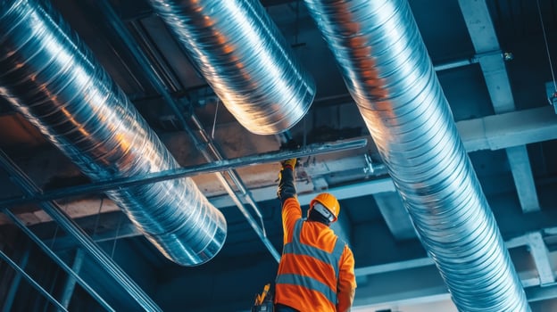 Worker Installing Large Metal Ventilation Ducts in Building photo