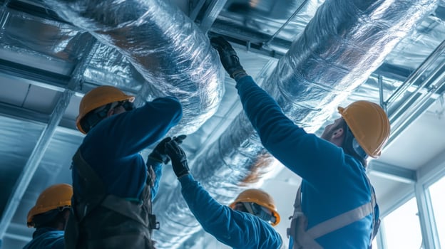 Workers Installing Insulation and Ducts in a Building photo