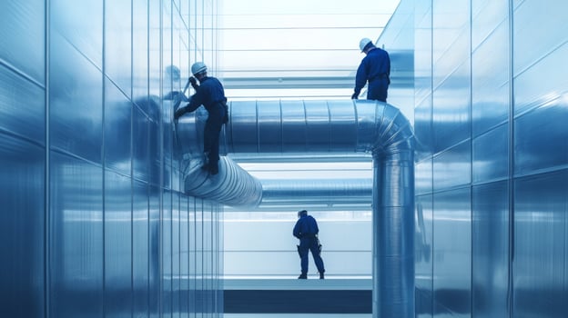 Workers Inspecting Ventilation System in Modern Building photo