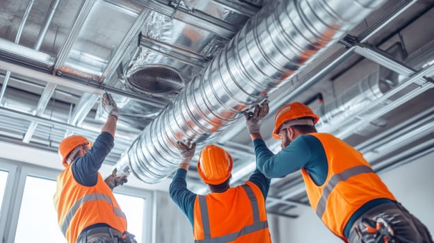 Construction Workers Lifting a Large Metal Duct photo