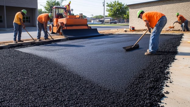 Workers smoothing freshly laid asphalt with shovels photo
