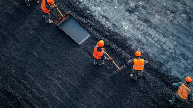 Workers Spreading Asphalt on a New Road photo