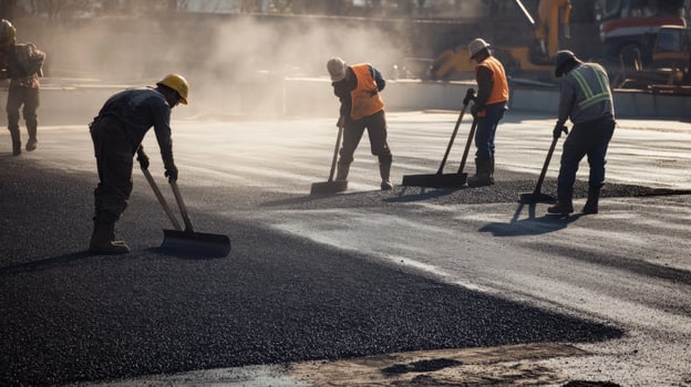 Construction Workers Spreading Asphalt with Shovels photo