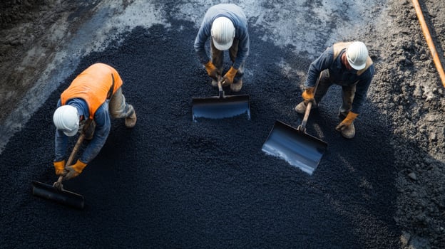 Construction Workers Spreading Asphalt With Shovels photo
