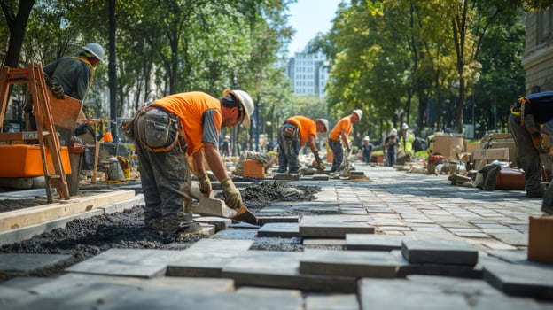 Construction Workers Laying Pavement Stones on a Street photo