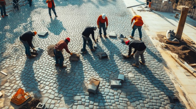 Construction Workers Laying Cobblestones on a Street photo