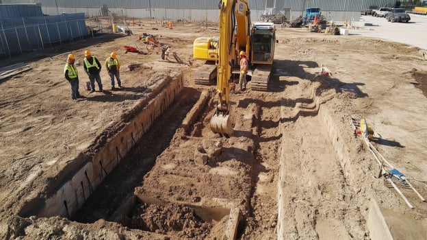 Construction Workers and Excavator Digging a Large Trench photo