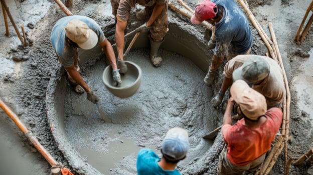 Construction Workers Mixing Concrete with Wooden Sticks photo