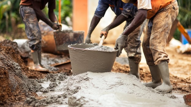 Two Men Mixing Cement with a Stick and Buckets photo