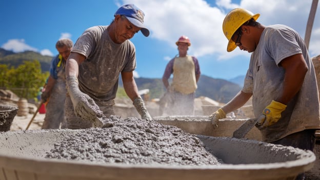 Workers mixing concrete in a large trough outdoors photo