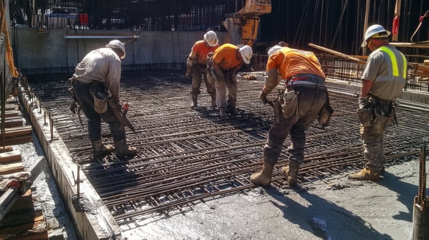 Construction Workers Pouring Concrete on Rebar Grid photo