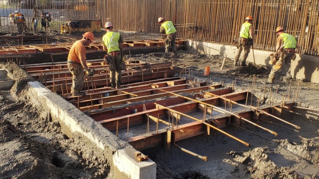 Construction Workers Pouring Concrete Into Foundation Forms photo