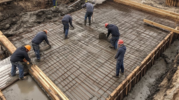 Construction Workers Pouring Concrete on a Rebar Foundation photo