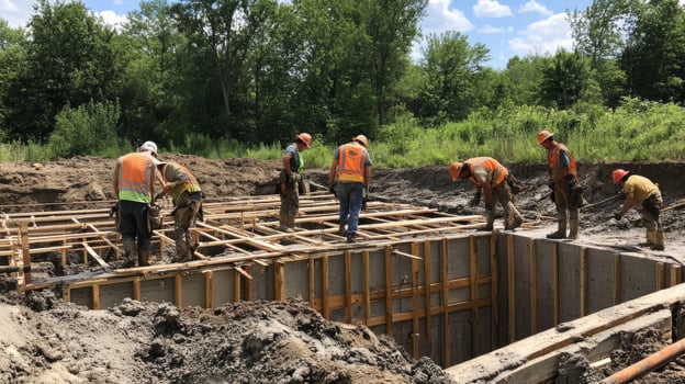 Construction Workers Building a Concrete Structure in a Ditch photo