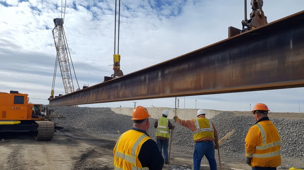 Construction Workers Directing Crane Lifting Large Steel Beam photo