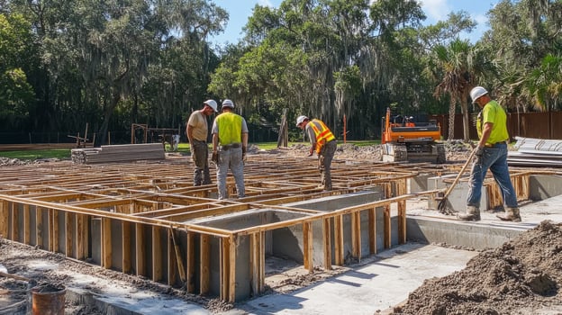 Construction Workers Inspecting Foundation Frame of a New Building photo