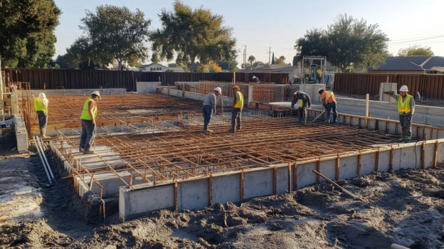 Construction Workers Inspecting Reinforced Concrete Foundation photo
