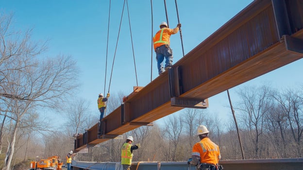 Construction Workers Lifting a Steel Beam with Cranes photo