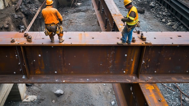 Two Construction Workers Standing On A Steel Beam photo
