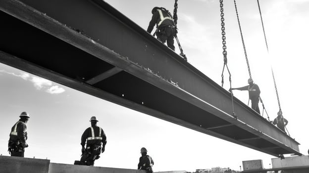Construction Workers Guiding a Steel Beam During Construction photo