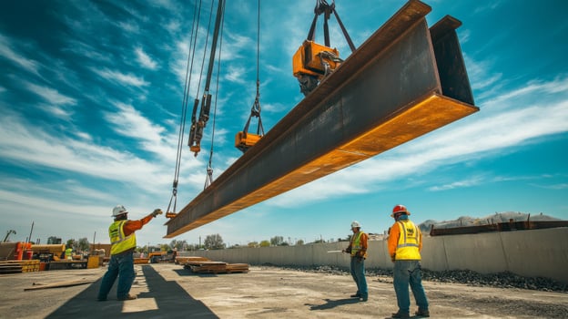 Construction Workers Guiding a Steel Beam Suspended by a Crane photo
